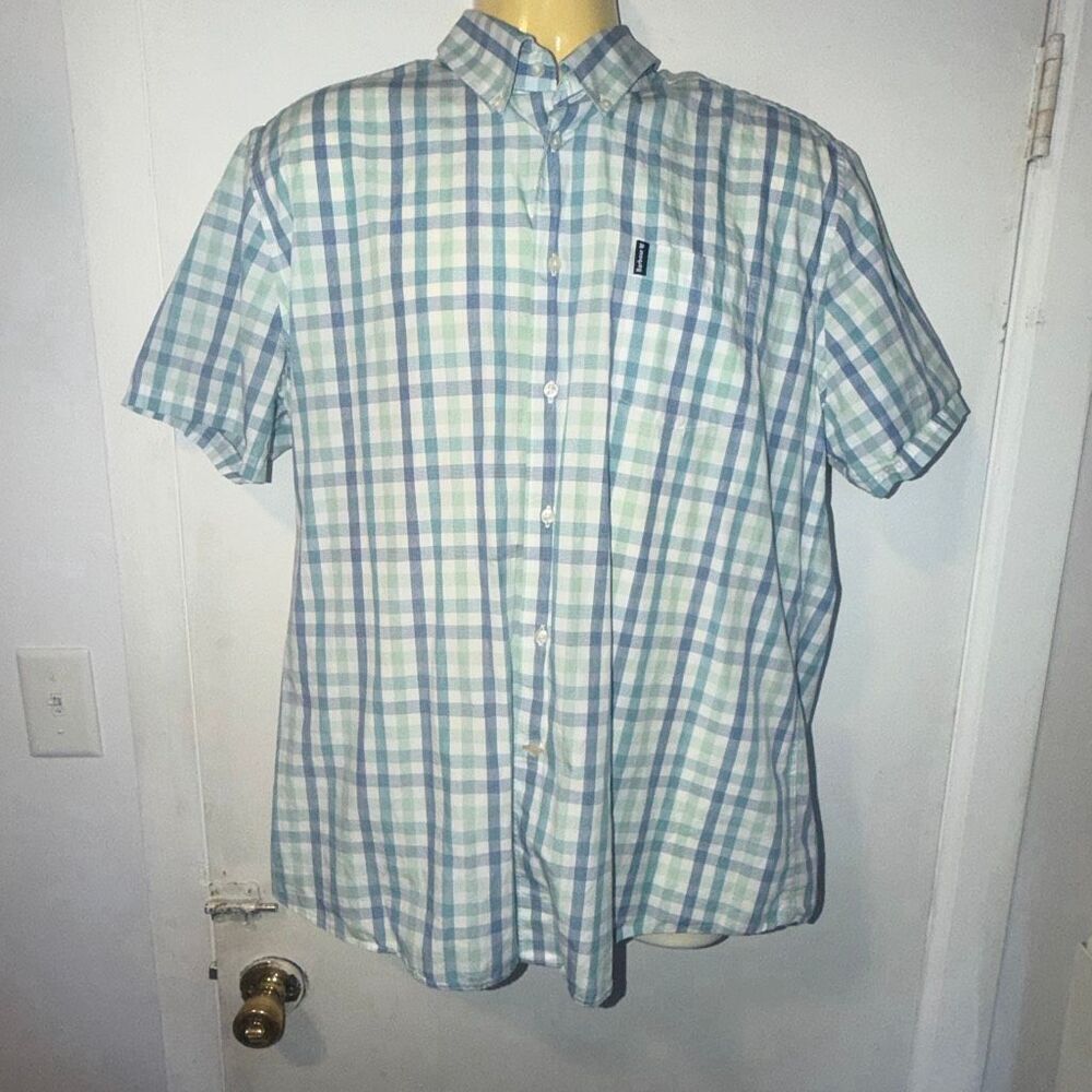 BARBOUR Blue and Green Plaid Tattersall 14 Short-Sleeve Tailored Fit Shirt- XL